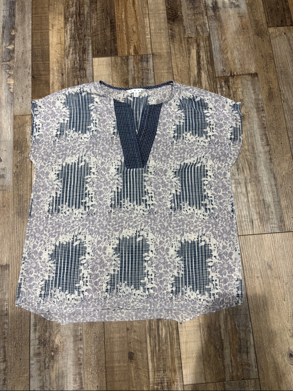 CAbi Blue and White Printed Short-Sleeve Blouse